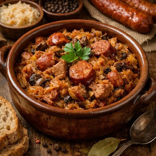 Bigos – polnischer Jägereintopf rustikal serviert