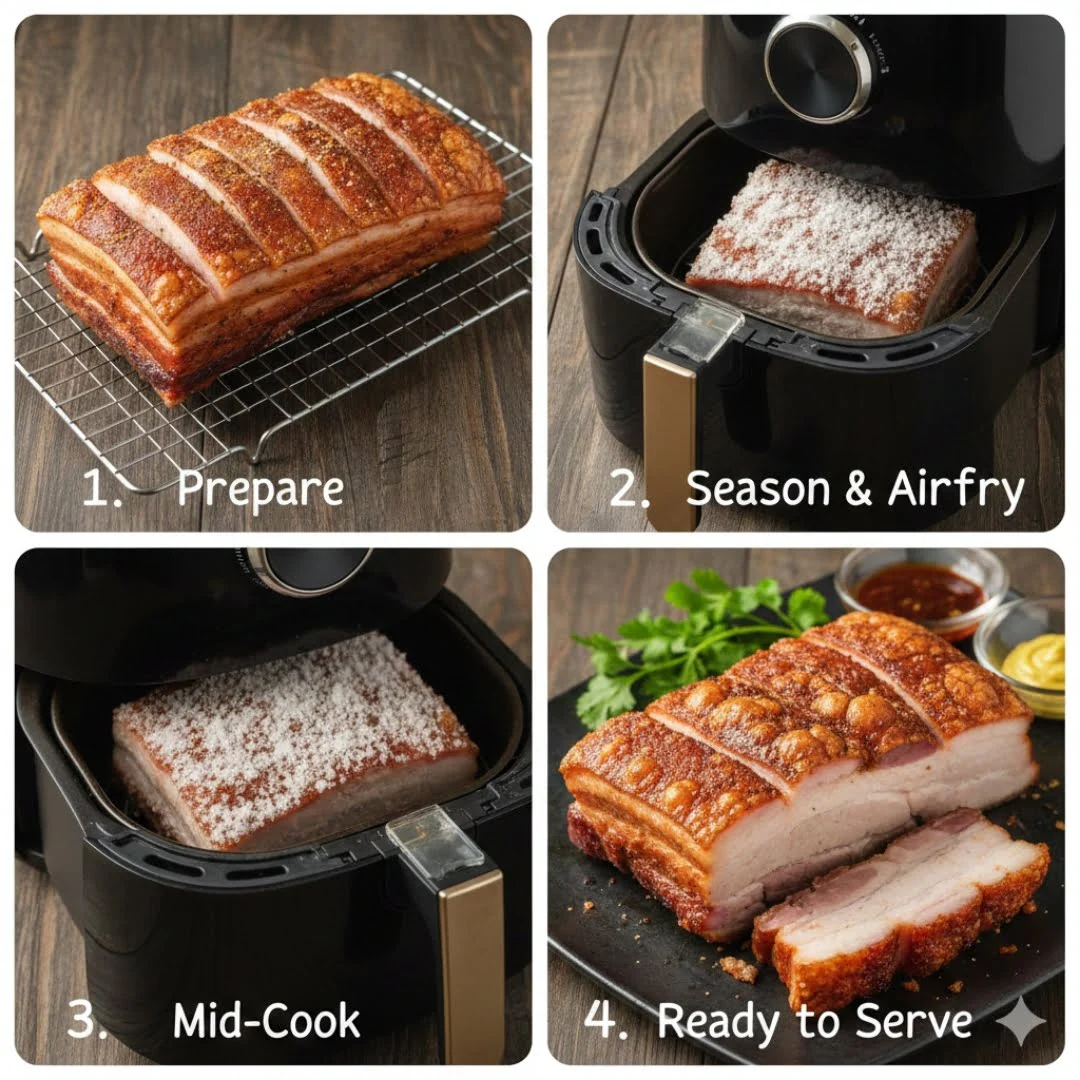 Zubereitungsschritte kantonesischer Schweinebraten Siu Yuk in der Heißluftfritteuse