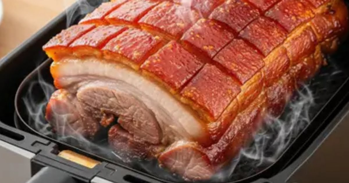 Kantonesischer Schweinebraten Siu Yuk aus der Heißluftfritteuse – fertig angerichtet