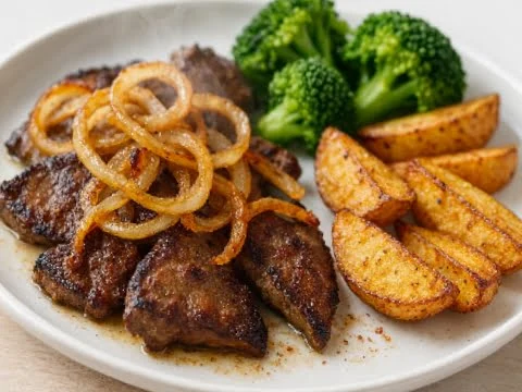 Schweineleber mit Zwiebeln aus der Heißluftfritteuse – außen goldbraun, innen zart