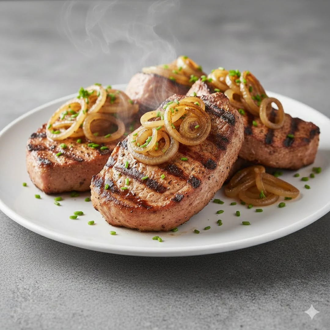 Nackensteaks mit Zwiebeln aus der Heißluftfritteuse – fertig angerichtet