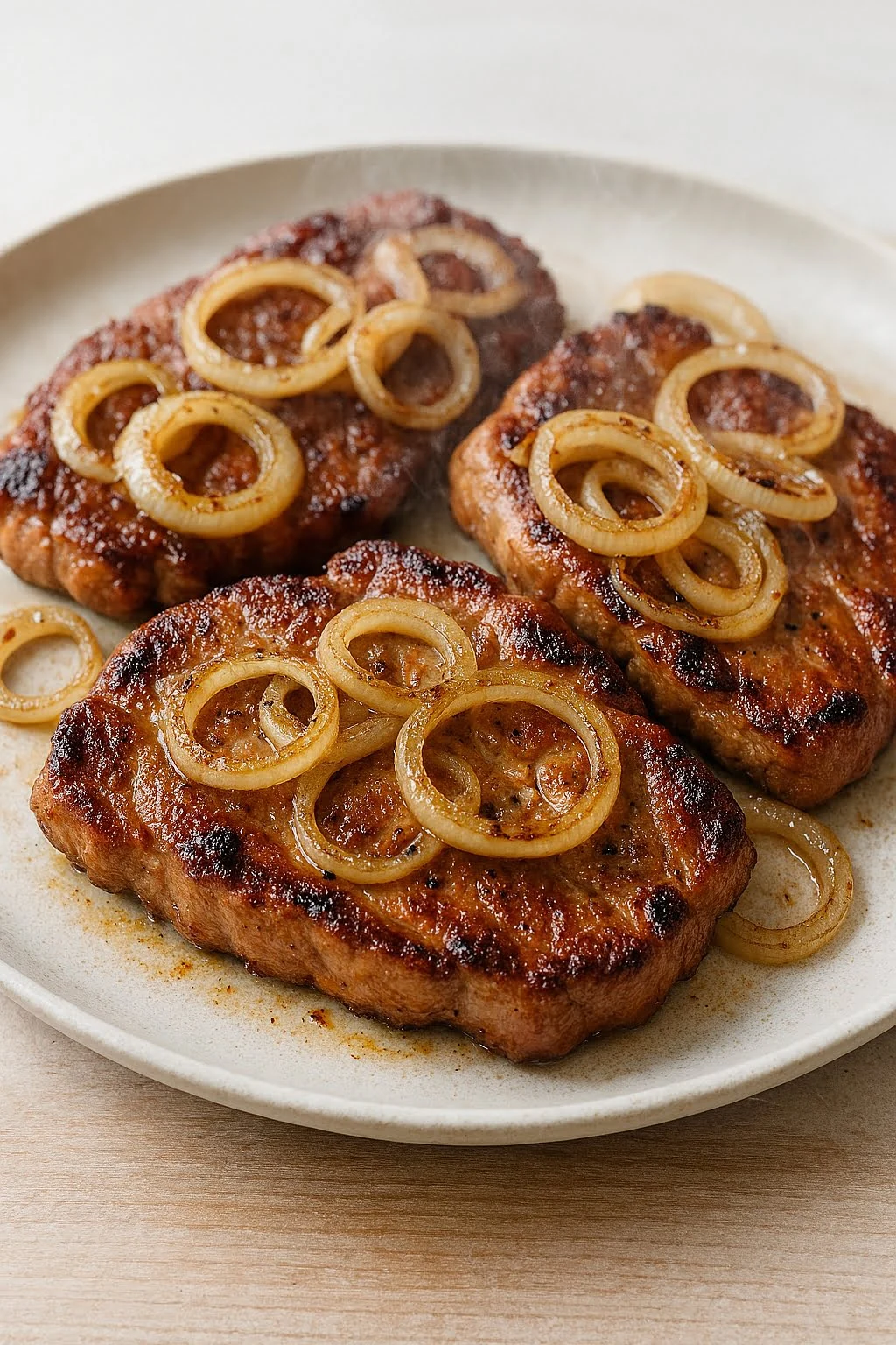 Saftige Nackensteaks mit karamellisierten Zwiebeln frisch aus der Heißluftfritteuse