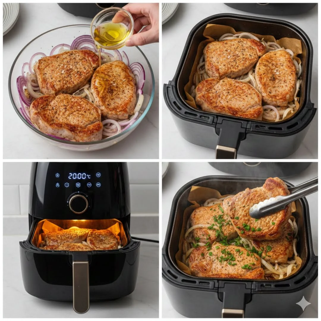 Zubereitungsschritte Scheinenacken Steaks mit Zwiebeln in der Heißluftfritteuse