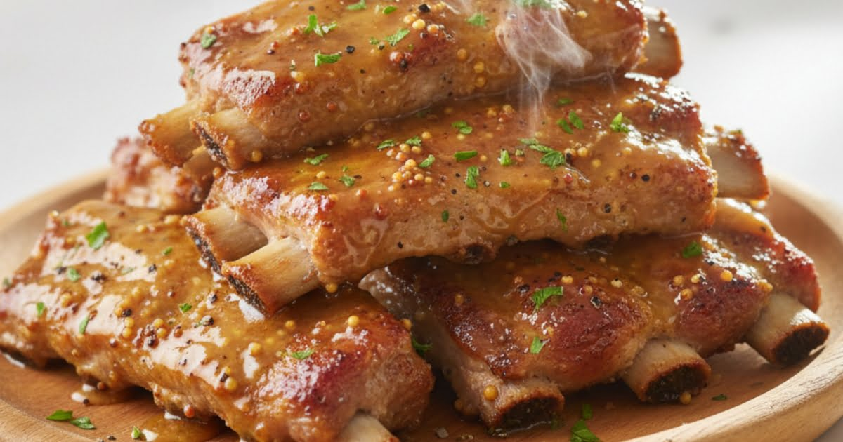 Fertig angerichtete Schweinerippchen Spareribs aus der Heißluftfritteuse mit glänzender BBQ-Glasur auf Servierteller