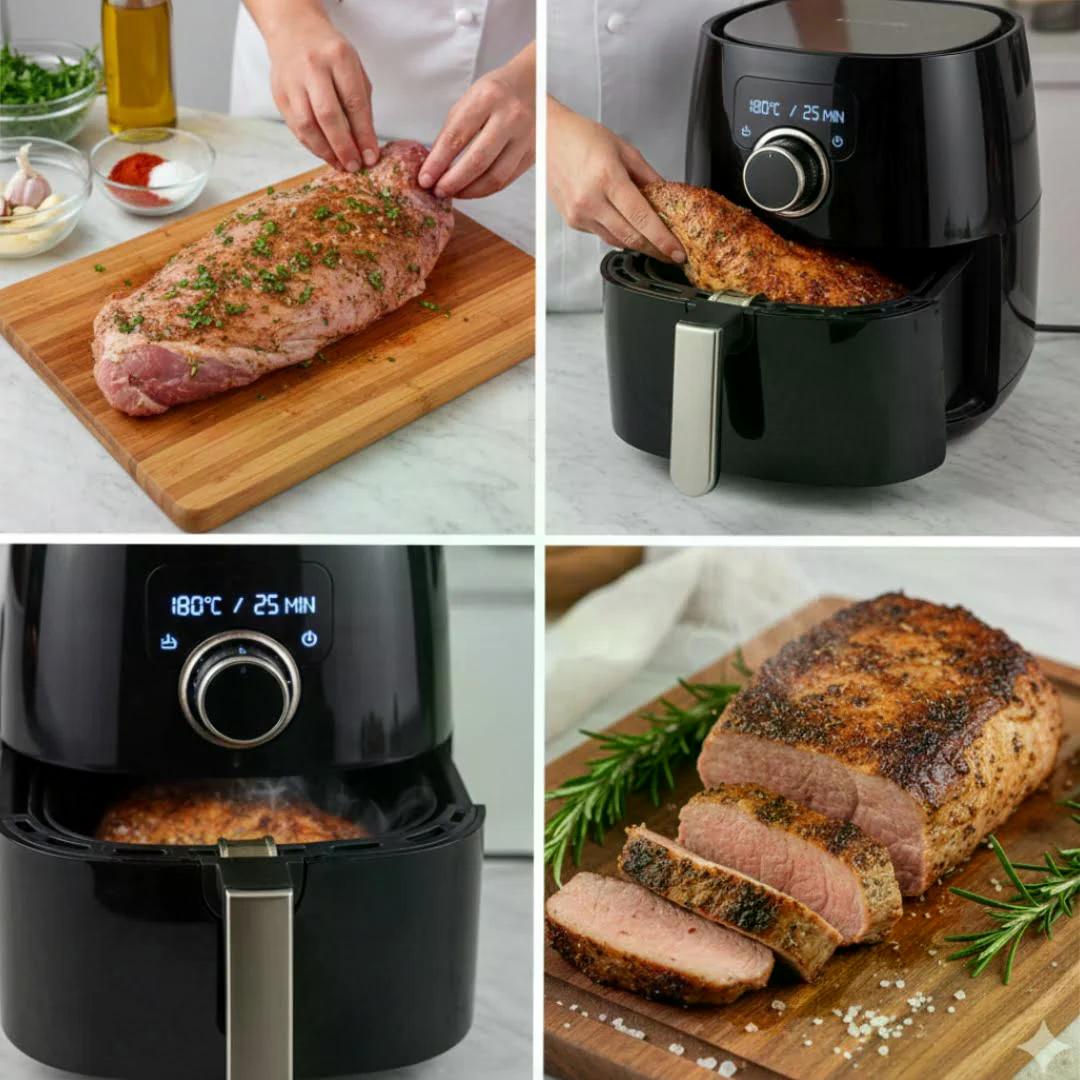 Zutaten für Schweinefilet aus der Heißluftfritteuse – Knoblauch, Paprikapulver, Olivenöl und frische Kräuter auf dem Schneidebrett