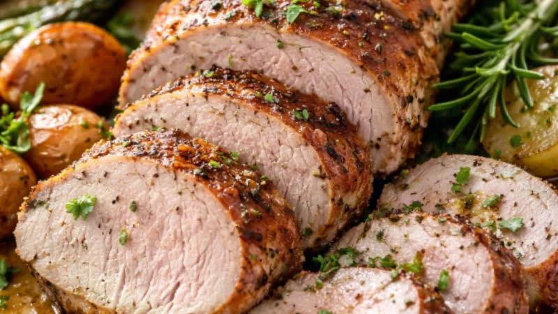 Saftiges Schweinefilet aus der Heißluftfritteuse – goldbraun gegart, aufgeschnitten auf dem Schneidebrett