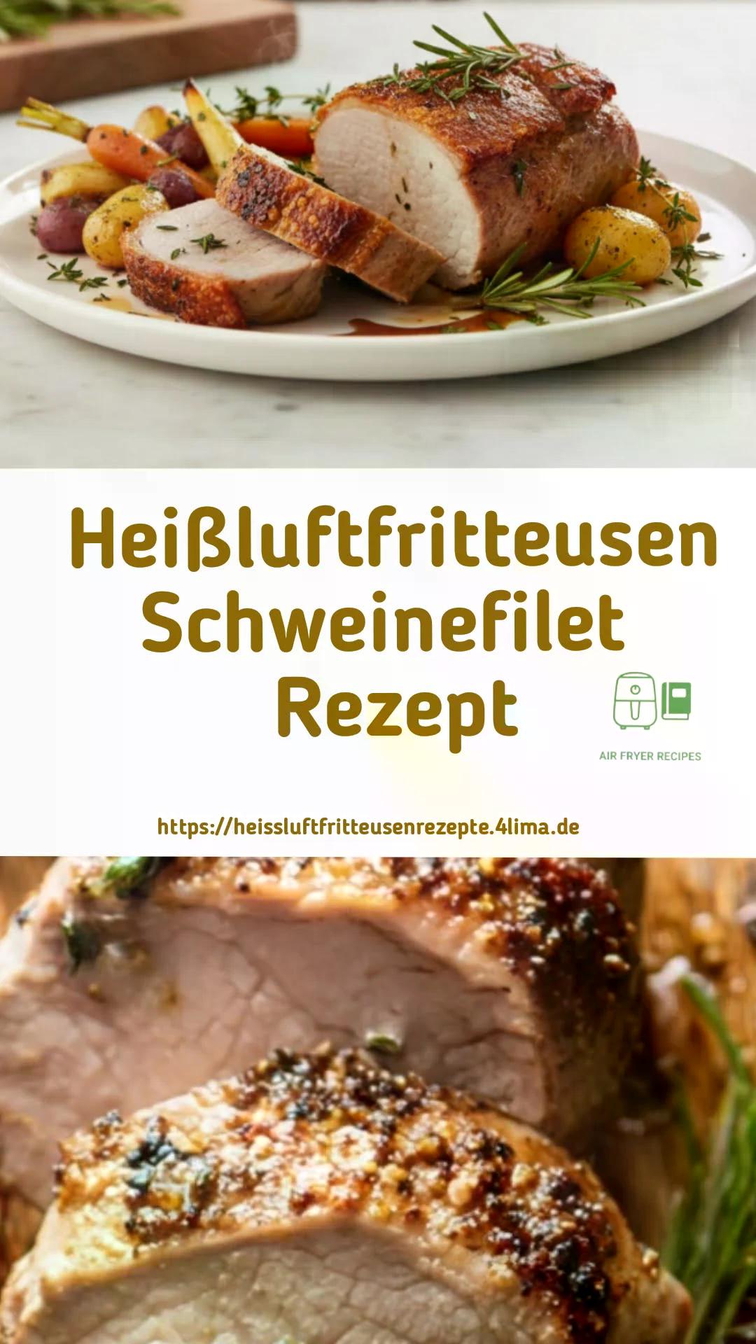 Schweinefilet aus der Heißluftfritteuse – Pinterest-Rezeptkarte mit Zutaten, Garzeit und Kerntemperatur-Tipp