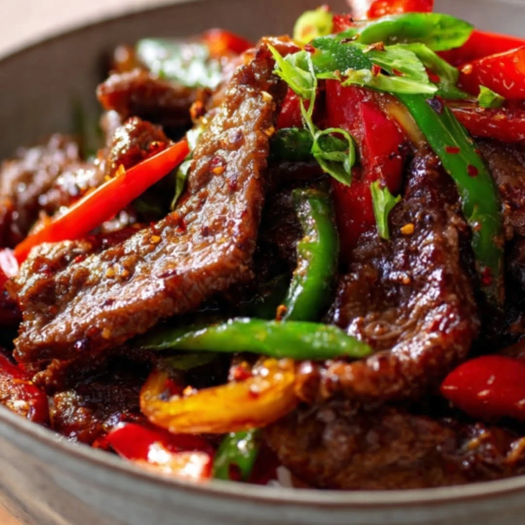 Chinesisches Pfeffer-Steak aus der Heißluftfritteuse – fertig gegartes Rindfleisch mit Paprika in würziger Pfeffersauce