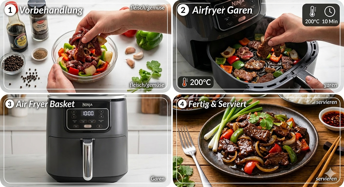 Schritt-für-Schritt Zubereitung Chinesisches Pfeffer-Steak – Vorbereitung Fleisch und Marinade für die Heißluftfritteuse