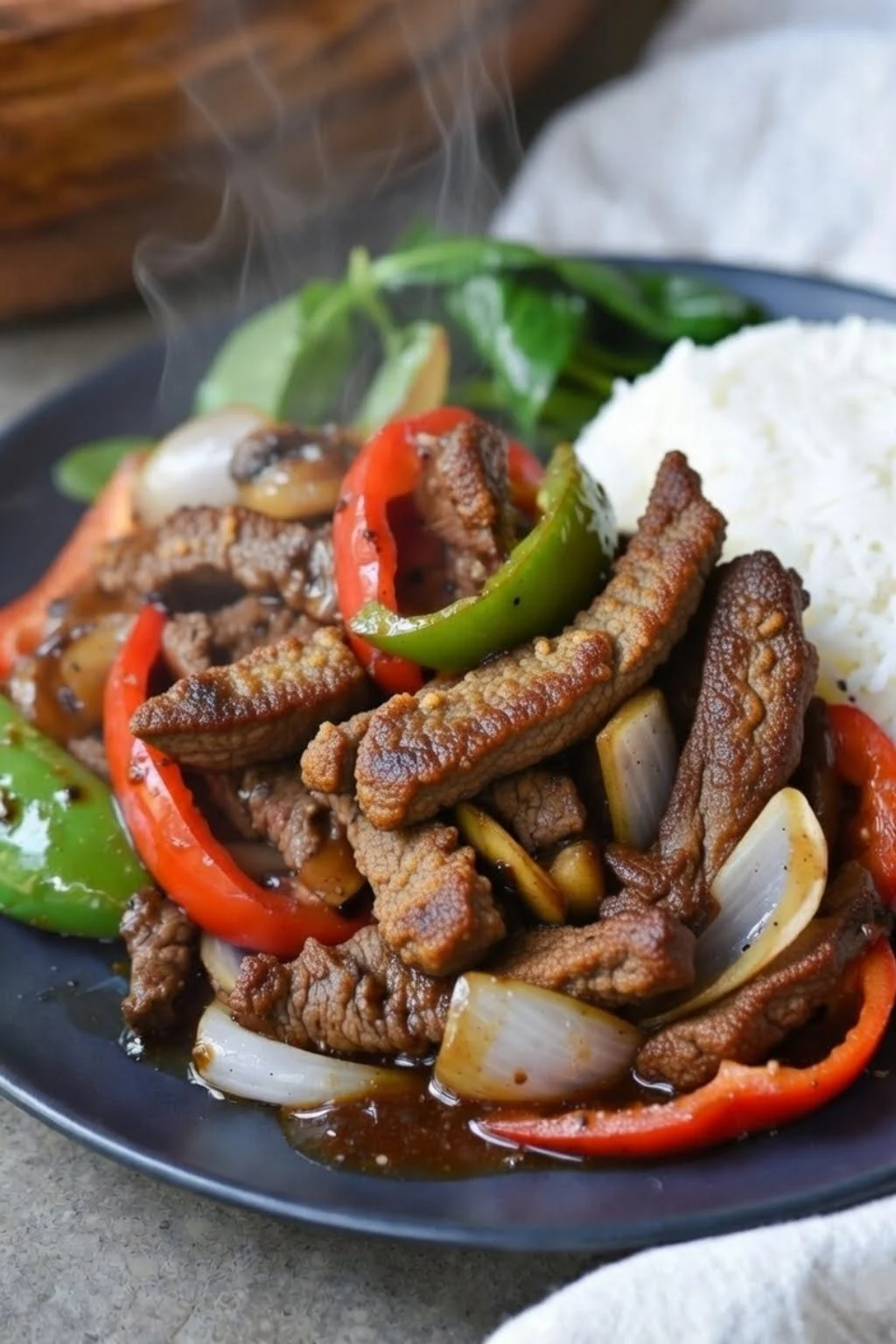 Chinesisches Pfeffer-Steak mit Zwiebeln und Paprika – fertig angerichtetes Gericht aus der Heißluftfritteuse