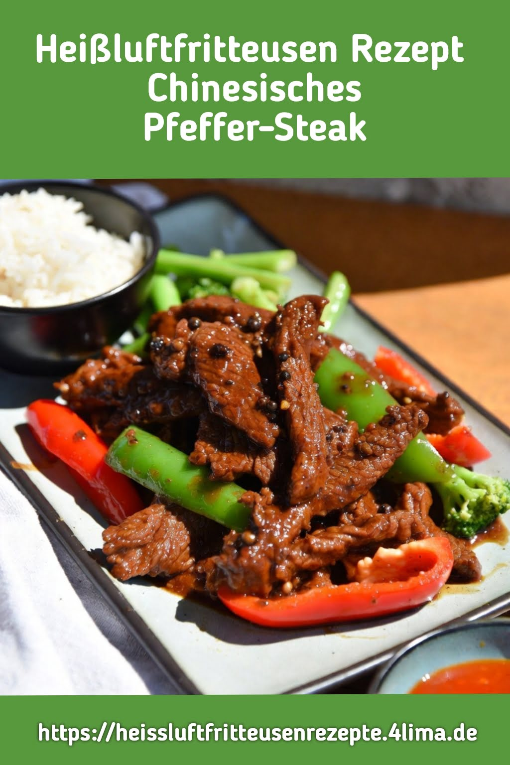 Chinesisches Pfeffer-Steak Airfryer Rezept – Hochformat-Bild mit Zutaten und Nährwerten für Pinterest