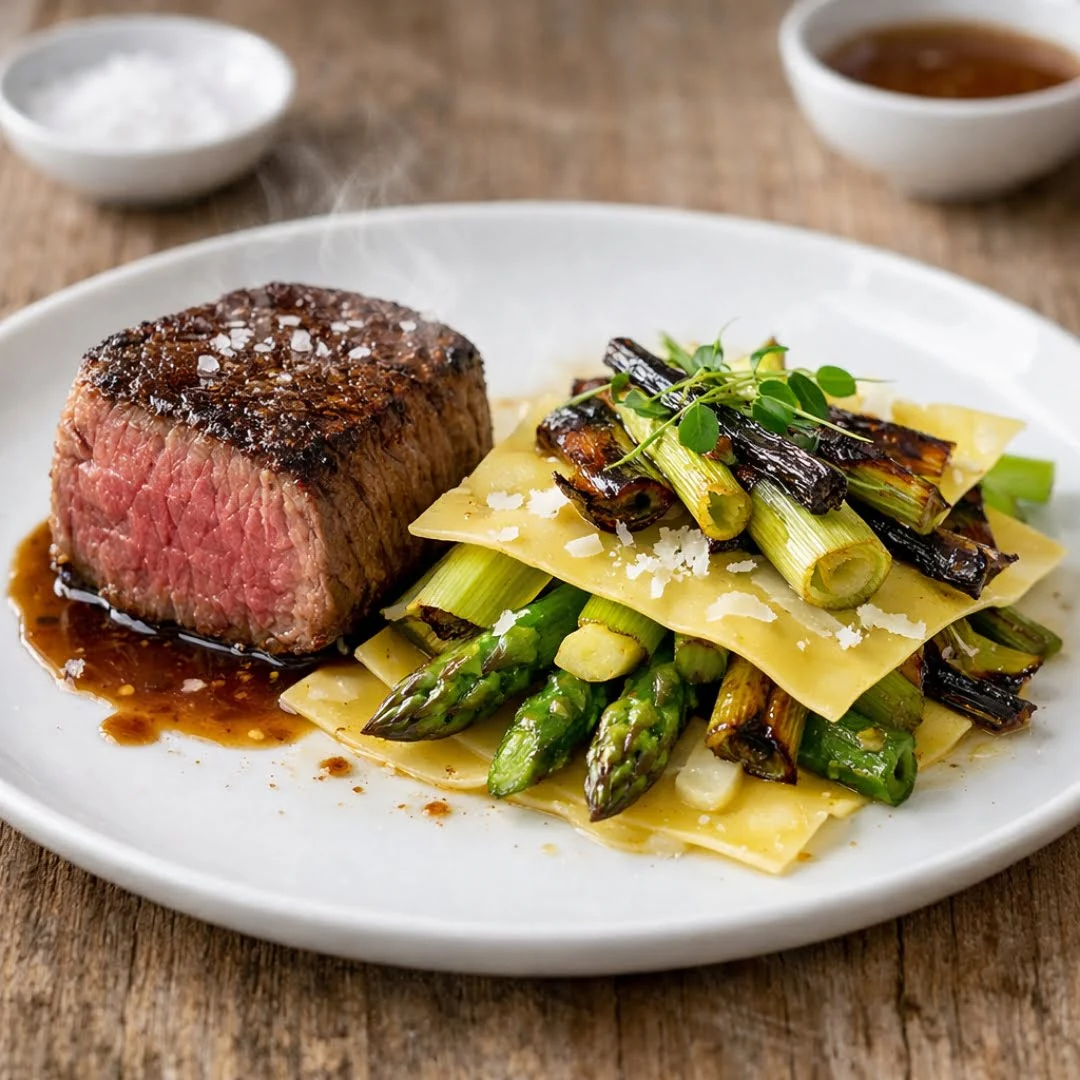Rinderfilet mit offener Spargel-Lauch-Lasagne auf dem Teller
