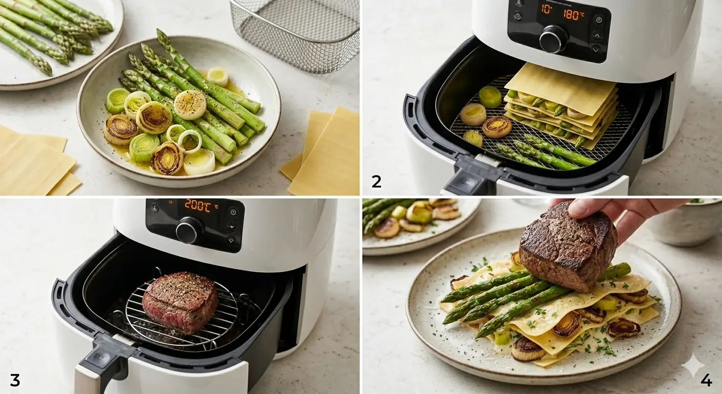 Rinderfilet mit offener Spargel-Lauch-Lasagne – Vorbereitung für die Heißluftfritteuse