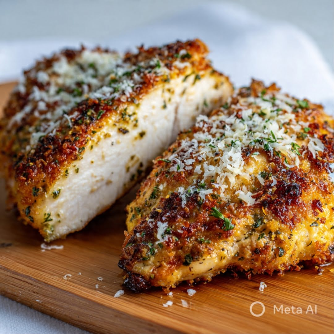 Fertig angerichtetes Italienisches Hähnchen aus der Heißluftfritteuse – goldbraune Parmesan-Kruste auf saftigem Hähnchenfleisch