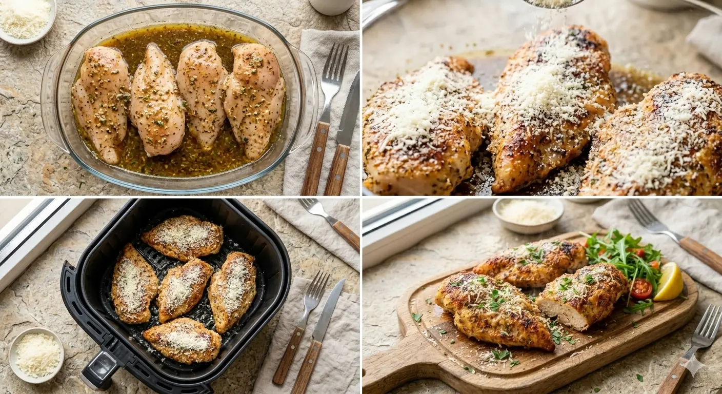 Zubereitung des Italienischen Hähnchens für die Heißluftfritteuse – Marinade aus Italian Dressing und Parmesan
