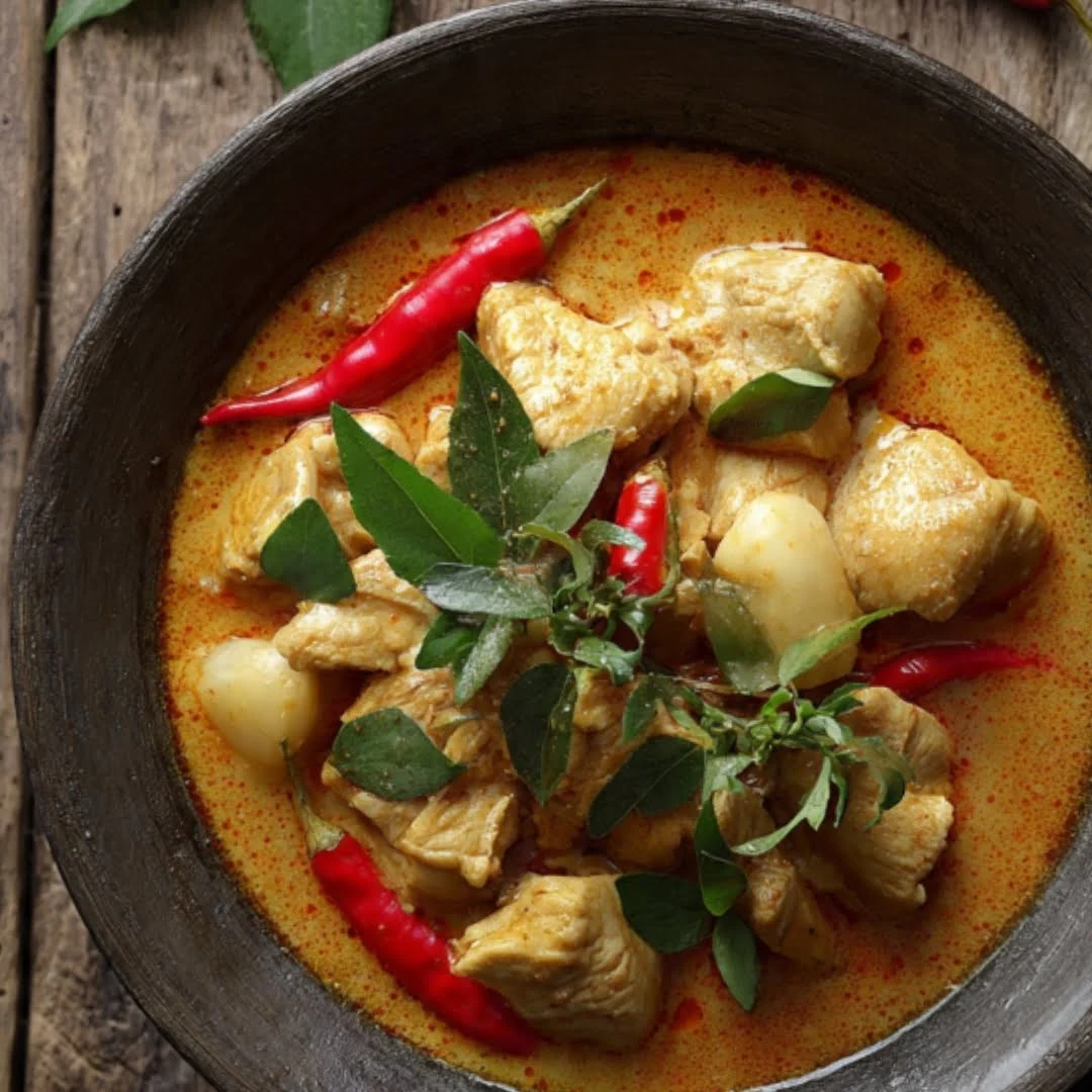Thai-Curry-Hähnchen aus der Heißluftfritteuse servierfertig angerichtet mit Jasminreis