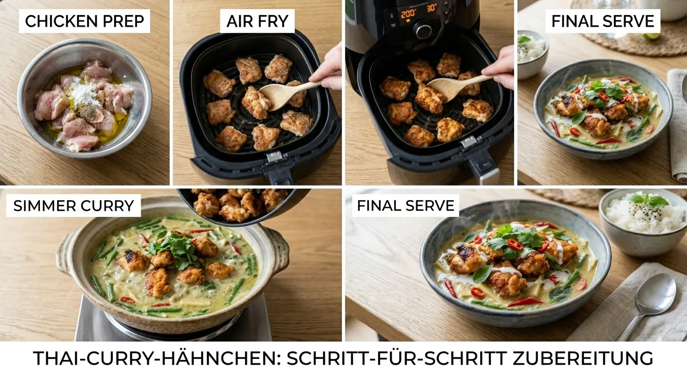 Zubereitung von Thai-Curry-Hähnchen im Airfryer – Kokosmilch-Marinade anrühren, Hähnchen einlegen, garen