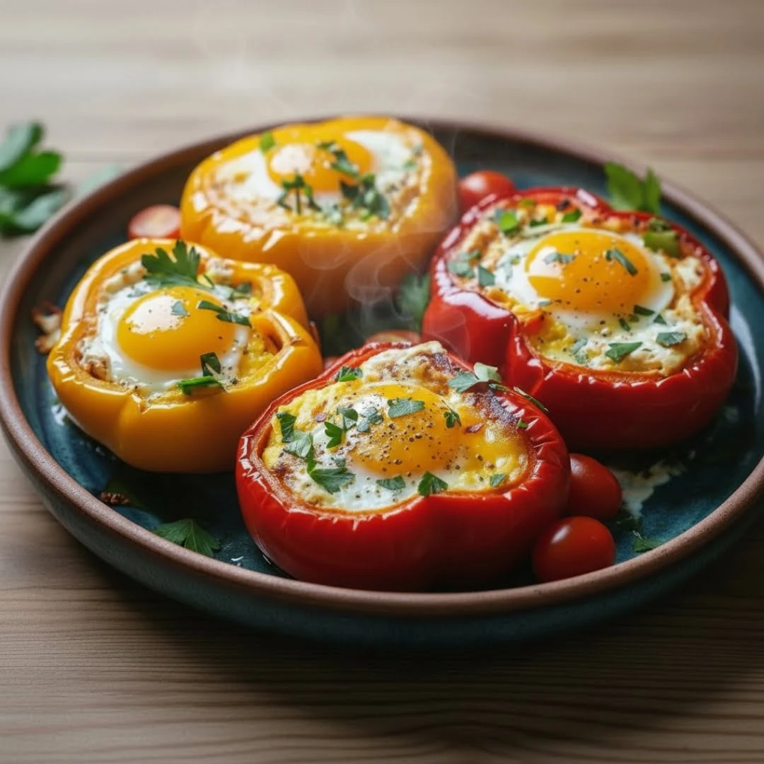Fertige gefüllte Paprikaringe mit Ei aus der Heißluftfritteuse – angerichtet auf einem Teller