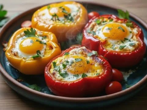 Gefüllte Paprikaringe mit Ei aus der Heißluftfritteuse – goldbraun und knusprig