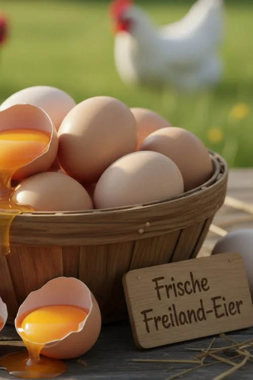 Frische Eier aus Freilandhaltung auf einem Holztisch