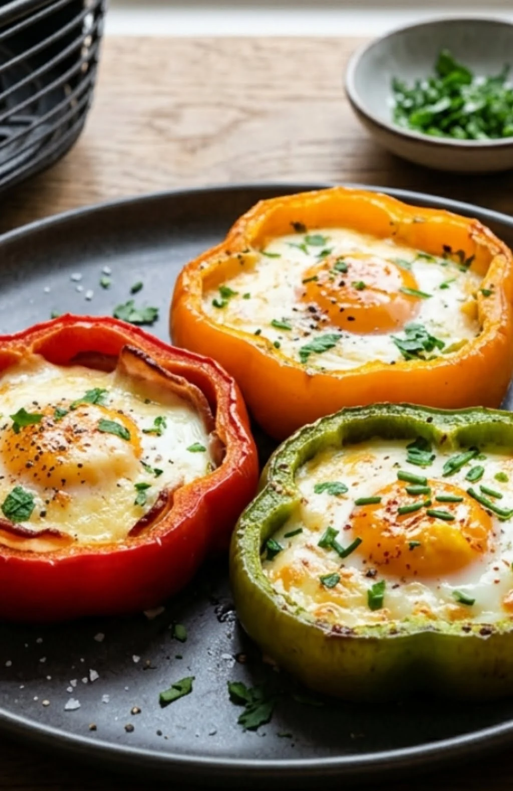 Bunte Paprikaringe gefüllt mit Ei, frisch aus der Heißluftfritteuse