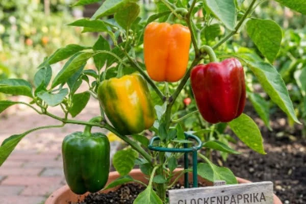 Verschiedene Paprikasorten in Rot, Gelb, Orange und Grün auf einem Markt